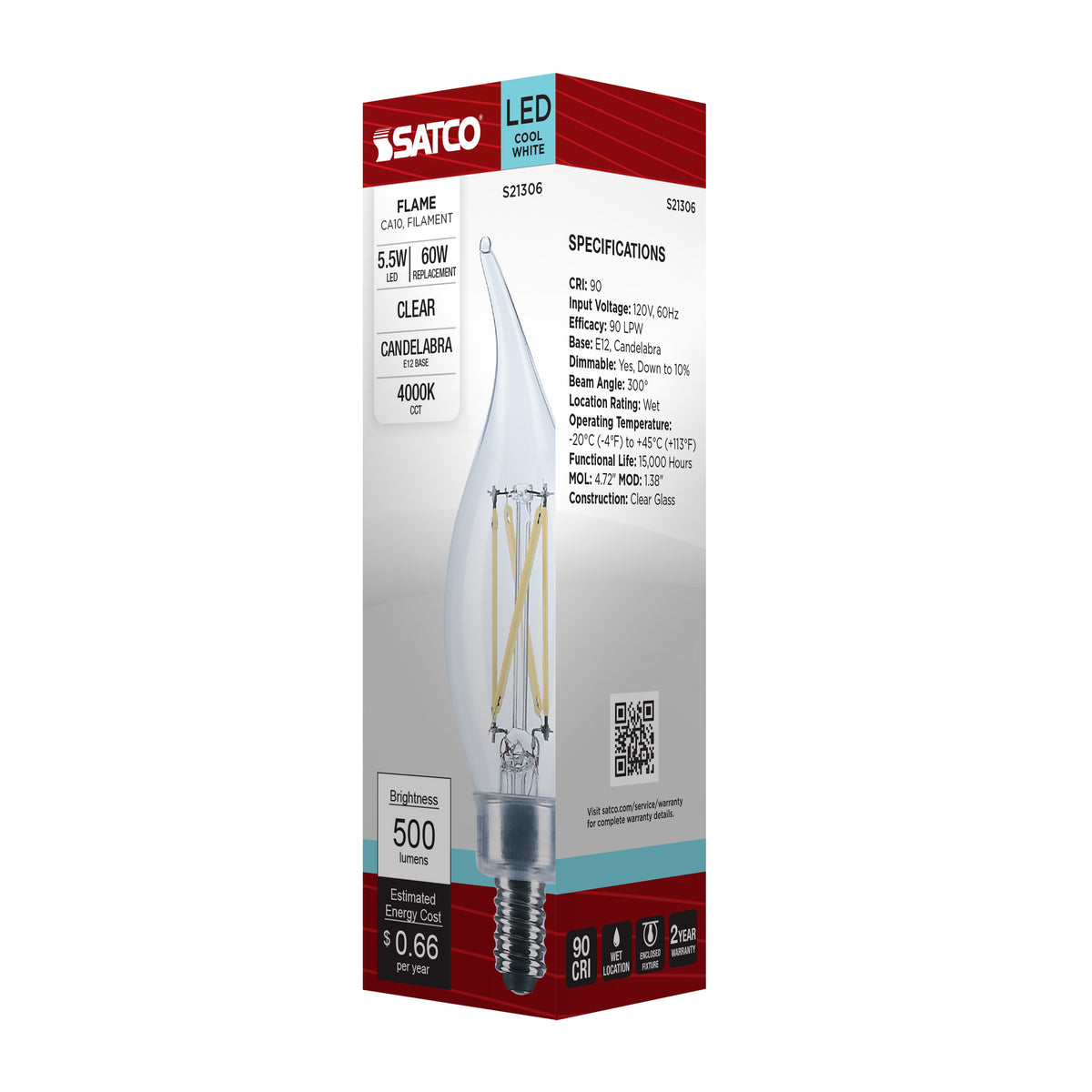 5.5 Watt CA10 LED Filament - Clear - Candelabra base - 90 CRI - 4000K - 120 Volt