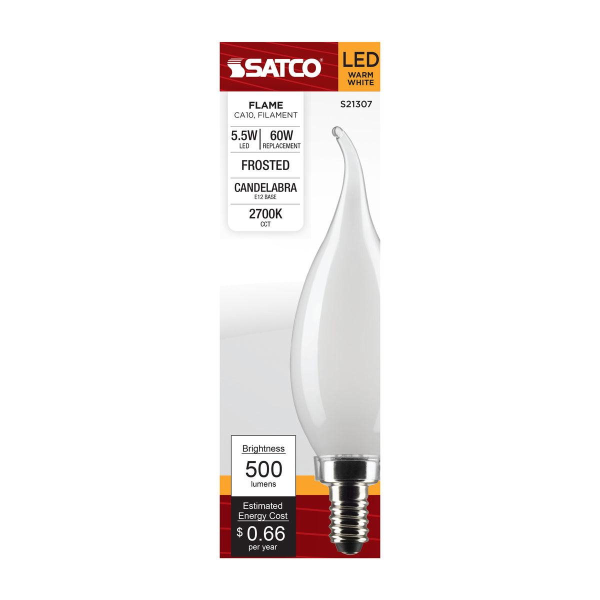 5.5 Watt CA10 LED Filament - Frost - Candelabra base - 90 CRI - 2700K - 120 Volt