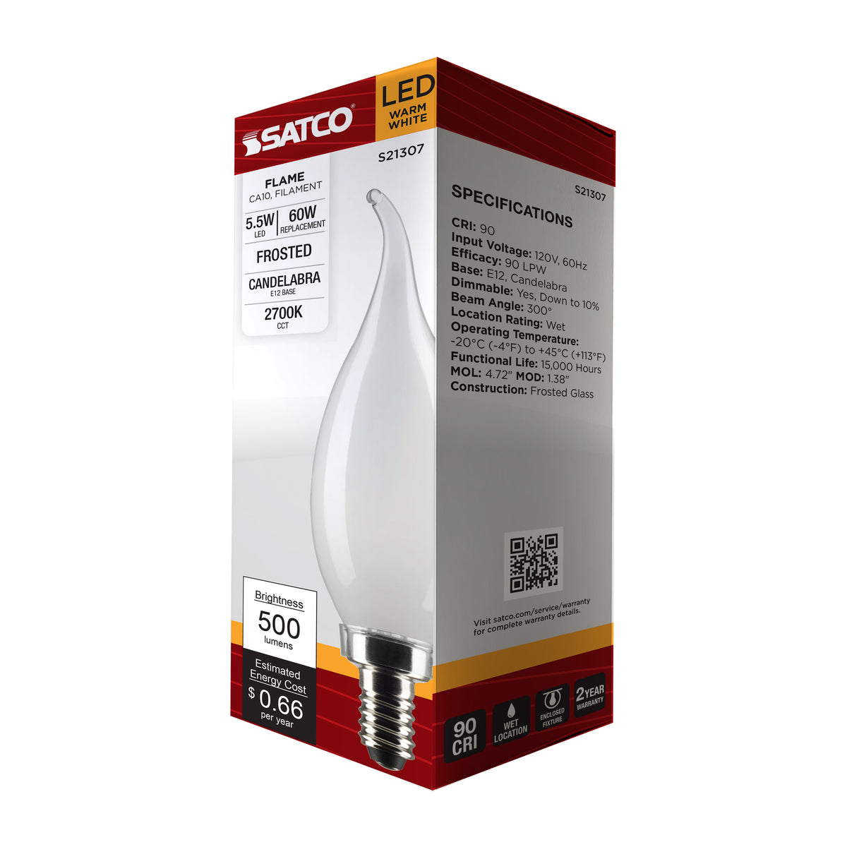 5.5 Watt CA10 LED Filament - Frost - Candelabra base - 90 CRI - 2700K - 120 Volt