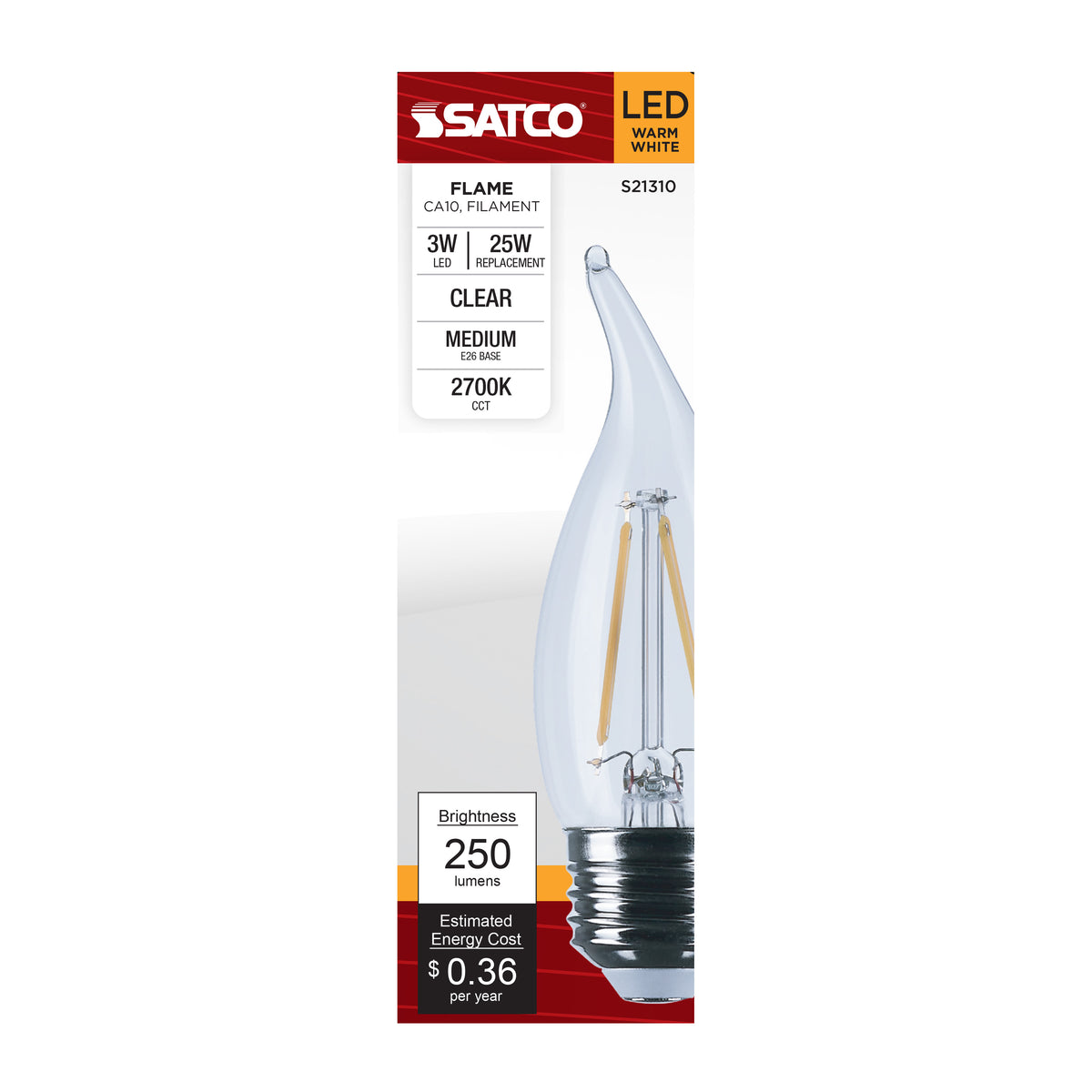 3 Watt CA10 LED Filament - Clear - Medium base - 90 CRI - 2700K - 120 Volt