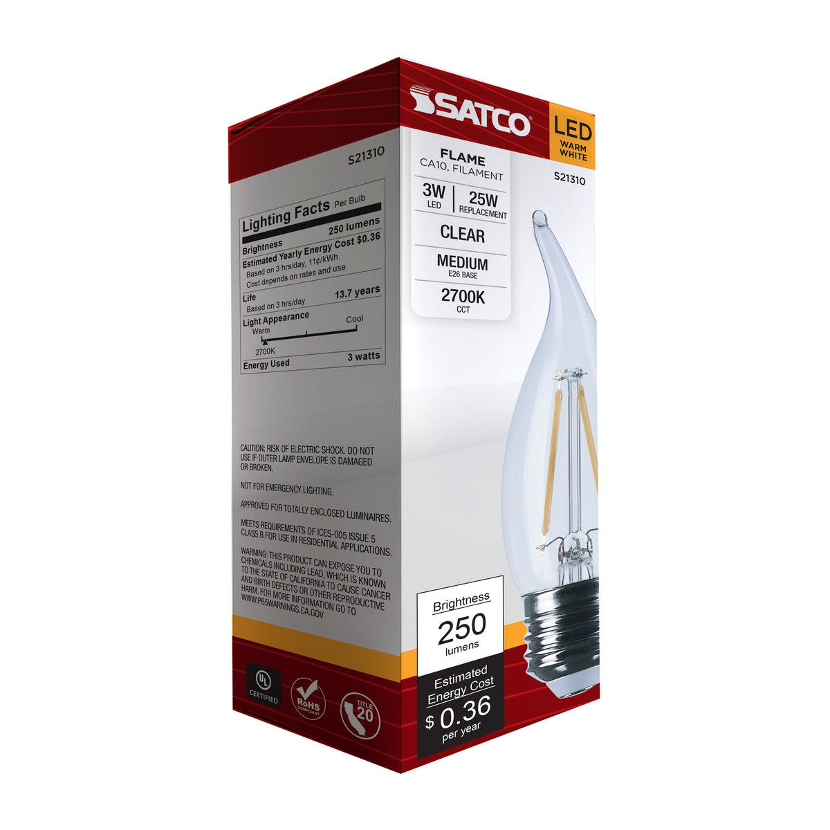 3 Watt CA10 LED Filament - Clear - Medium base - 90 CRI - 2700K - 120 Volt