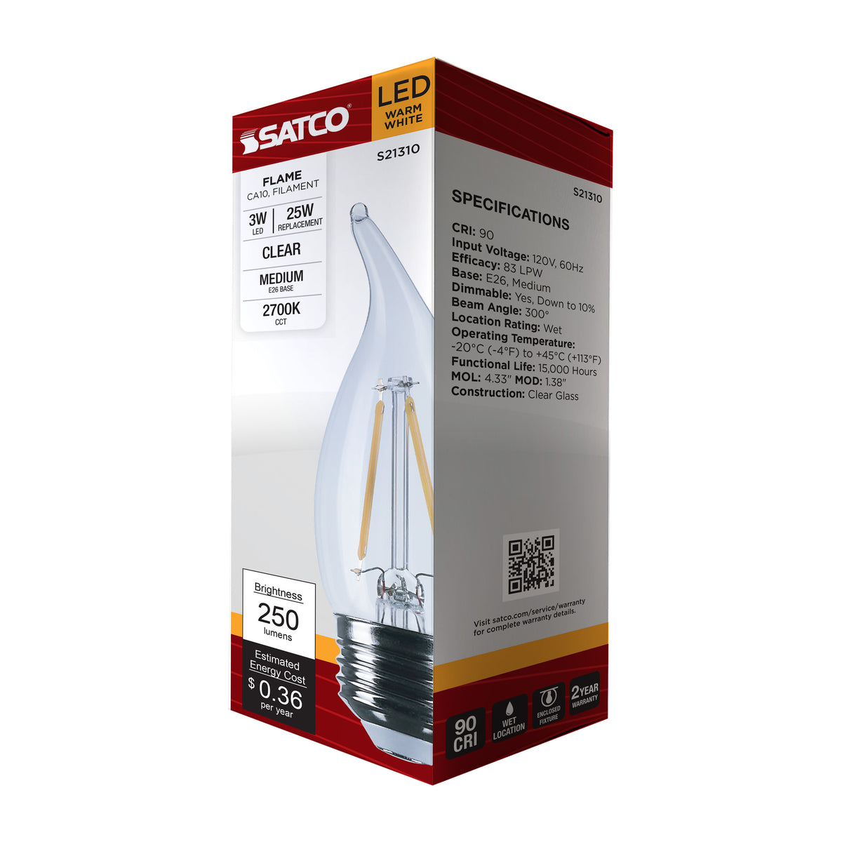 3 Watt CA10 LED Filament - Clear - Medium base - 90 CRI - 2700K - 120 Volt