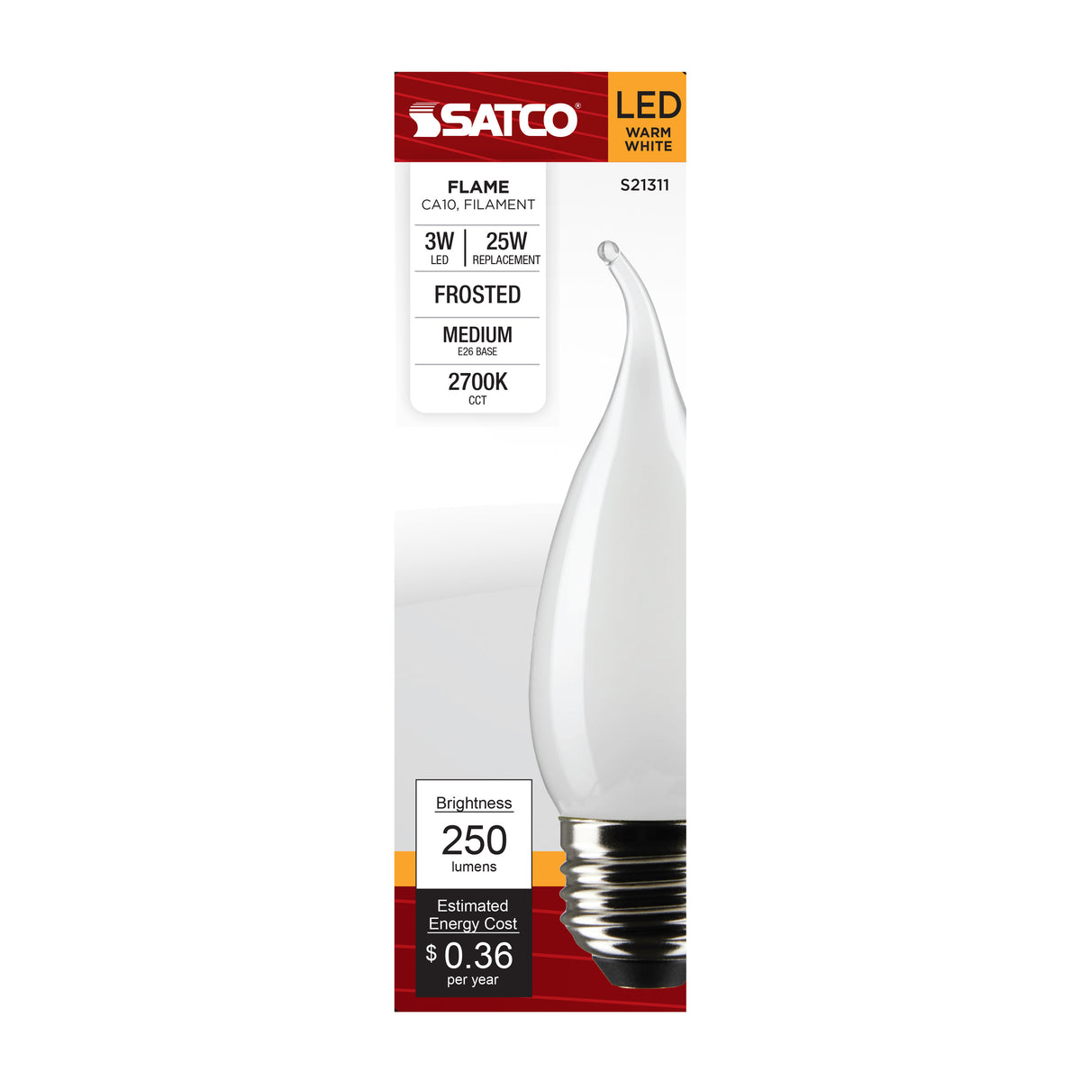 3 Watt CA10 LED Filament - Frost - Medium base - 90 CRI - 2700K - 120 Volt
