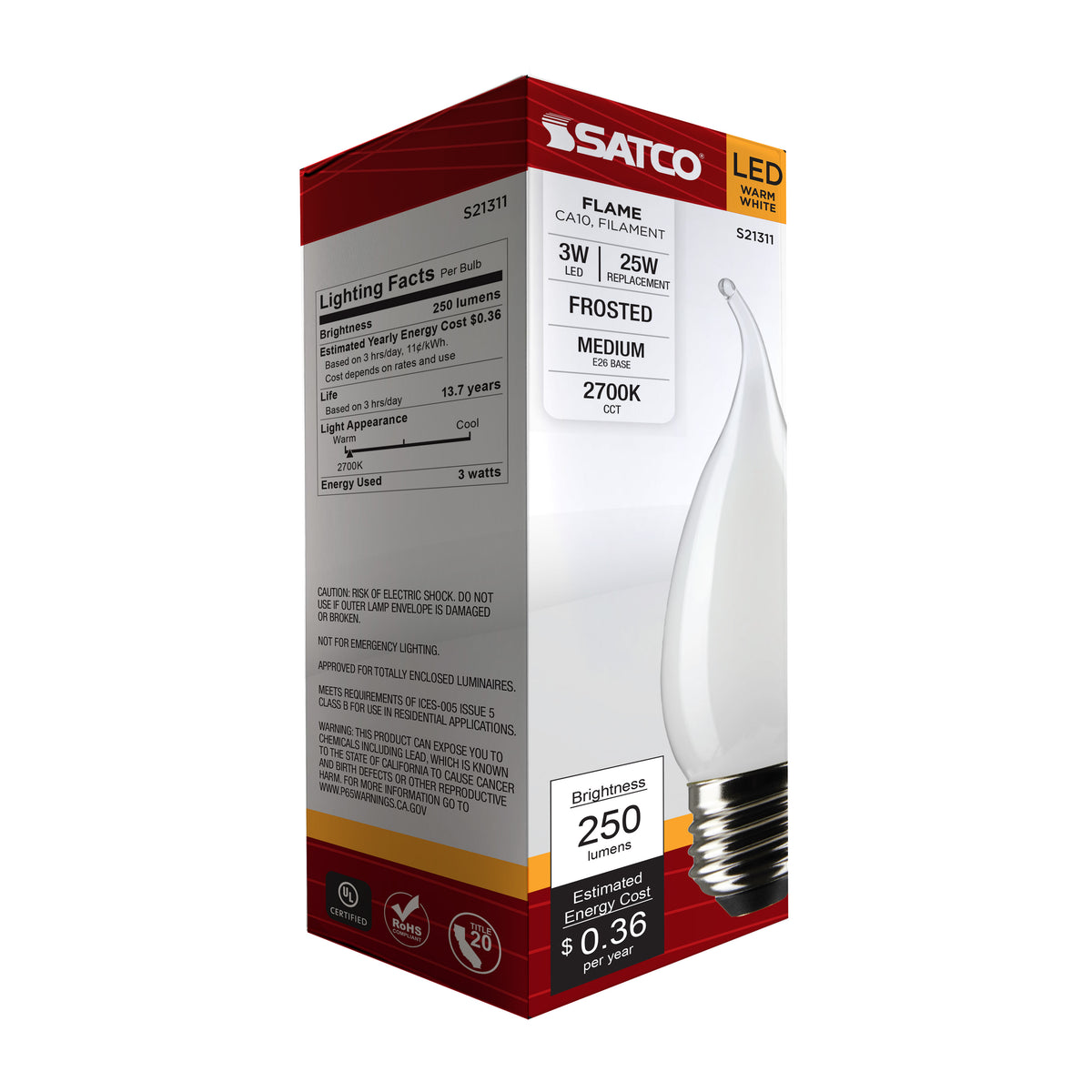 3 Watt CA10 LED Filament - Frost - Medium base - 90 CRI - 2700K - 120 Volt