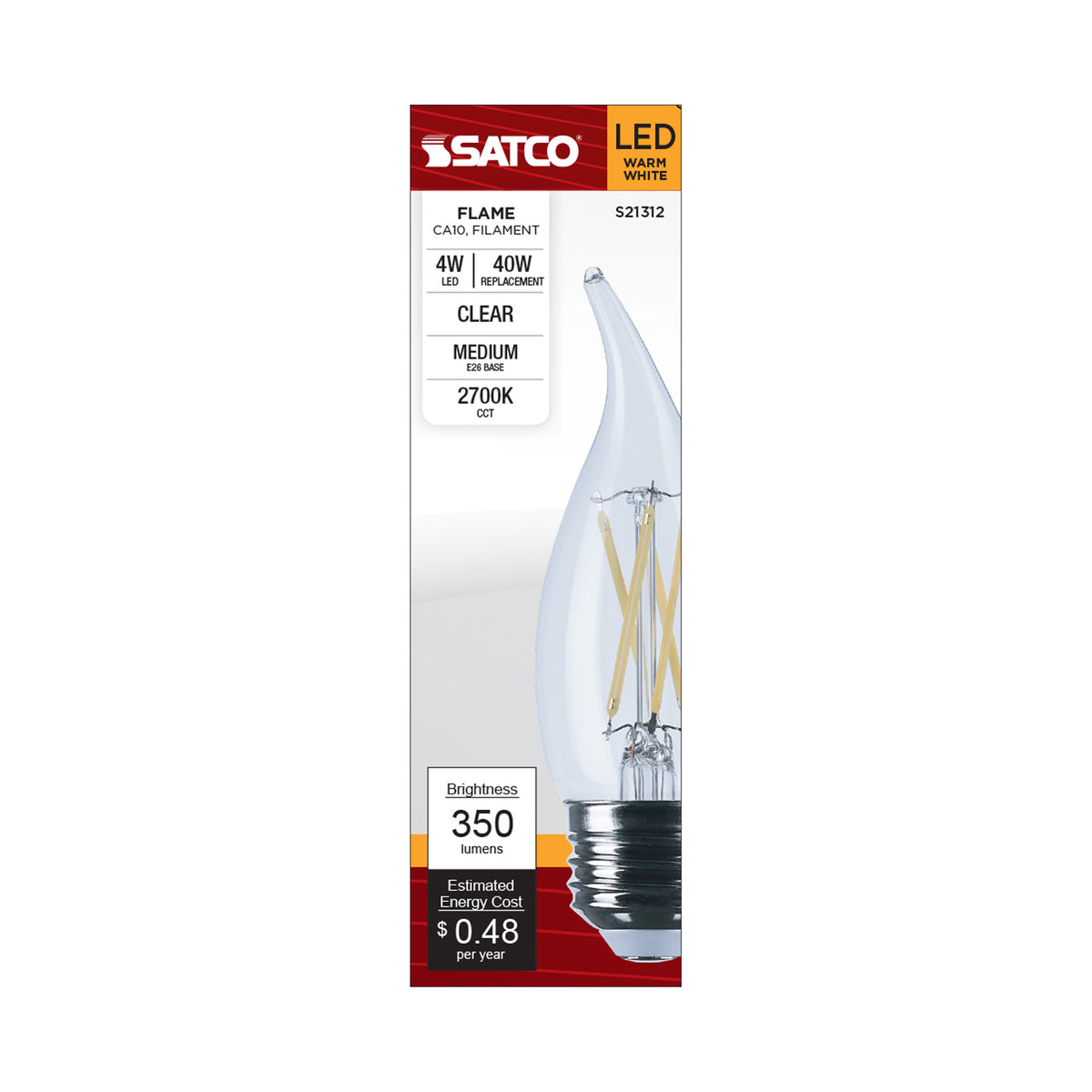 4 Watt CA10 LED Filament - Clear - Medium base - 90 CRI - 2700K - 120 Volt
