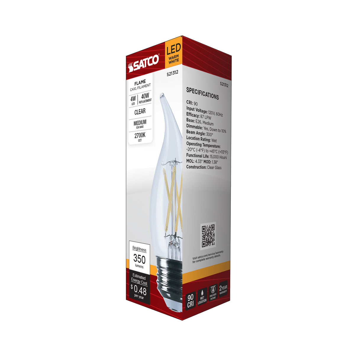 4 Watt CA10 LED Filament - Clear - Medium base - 90 CRI - 2700K - 120 Volt