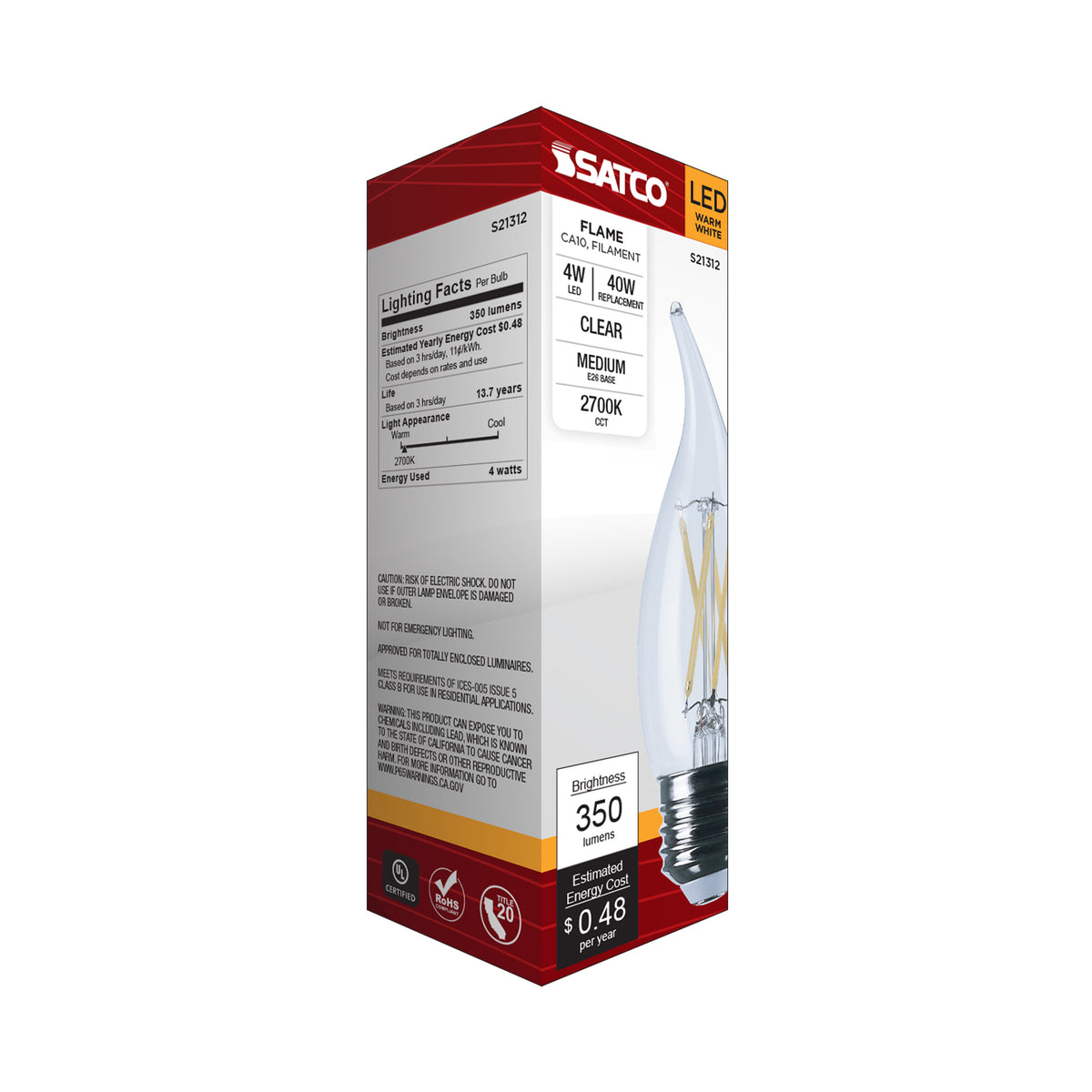 4 Watt CA10 LED Filament - Clear - Medium base - 90 CRI - 2700K - 120 Volt