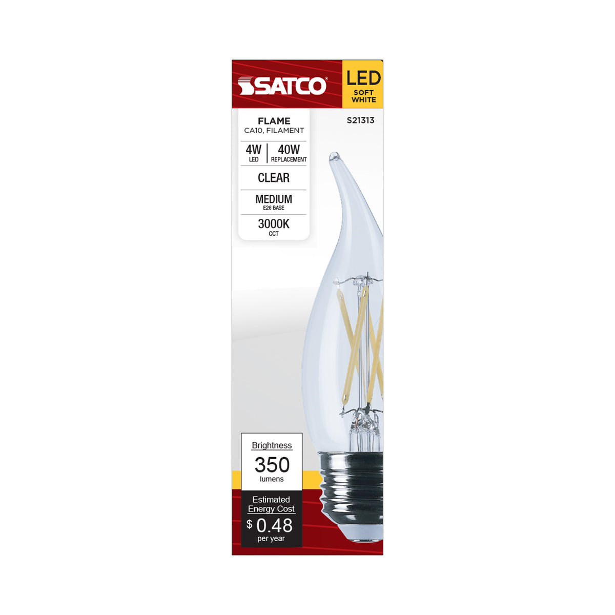 4 Watt CA10 LED Filament - Clear - Medium base - 90 CRI - 3000K - 120 Volt