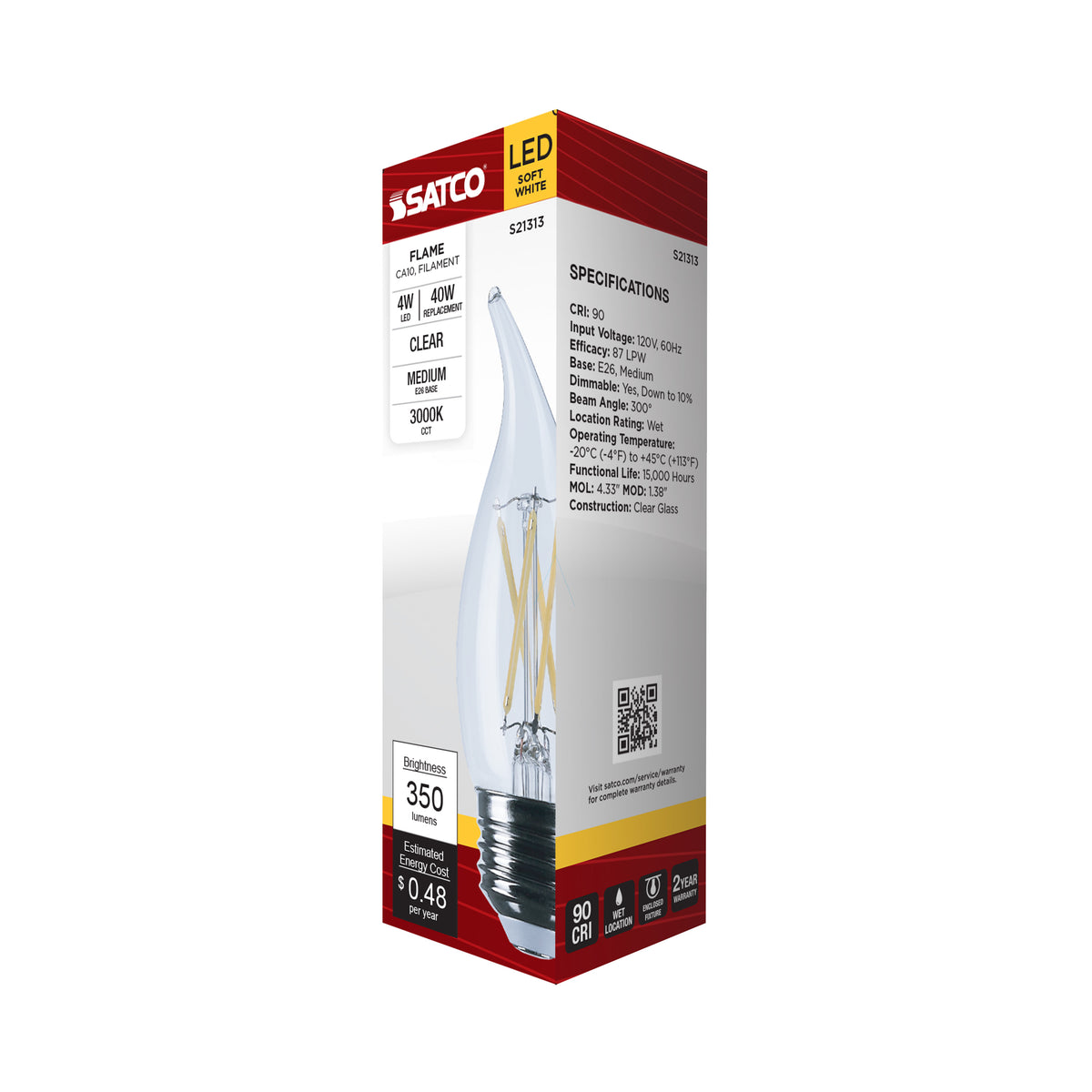 4 Watt CA10 LED Filament - Clear - Medium base - 90 CRI - 3000K - 120 Volt