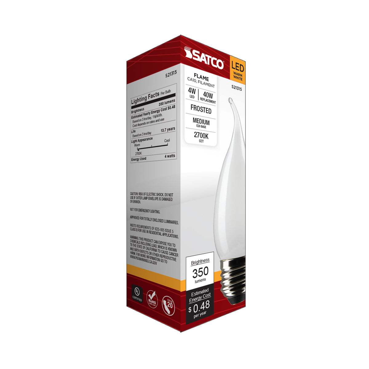 4 Watt CA10 LED Filament - Frost - Medium base - 90 CRI - 2700K - 120 Volt