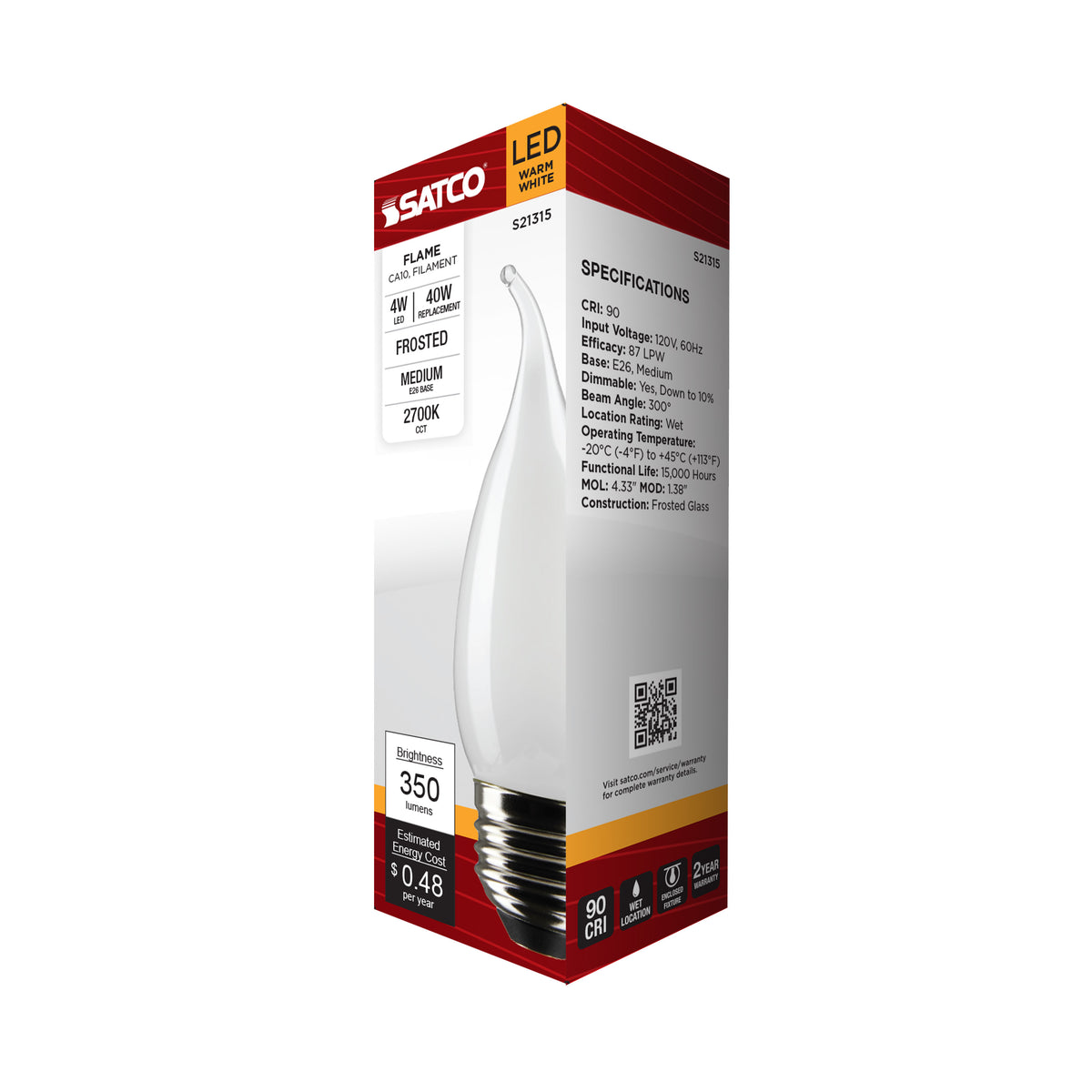 4 Watt CA10 LED Filament - Frost - Medium base - 90 CRI - 2700K - 120 Volt