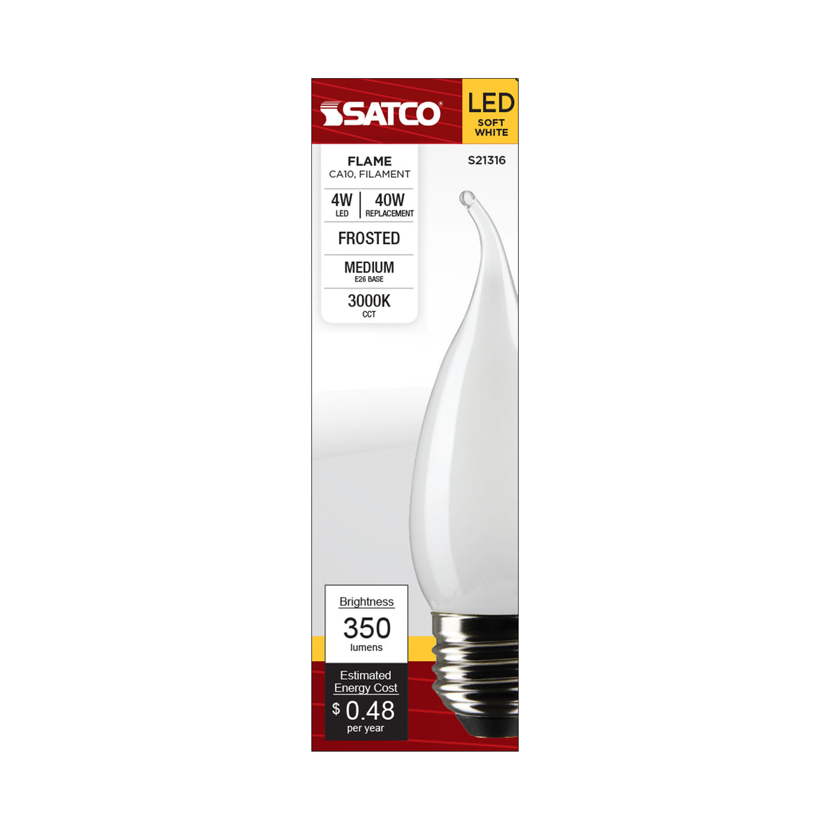 4 Watt CA10 LED Filament - Frost - Medium base - 90 CRI - 3000K - 120 Volt
