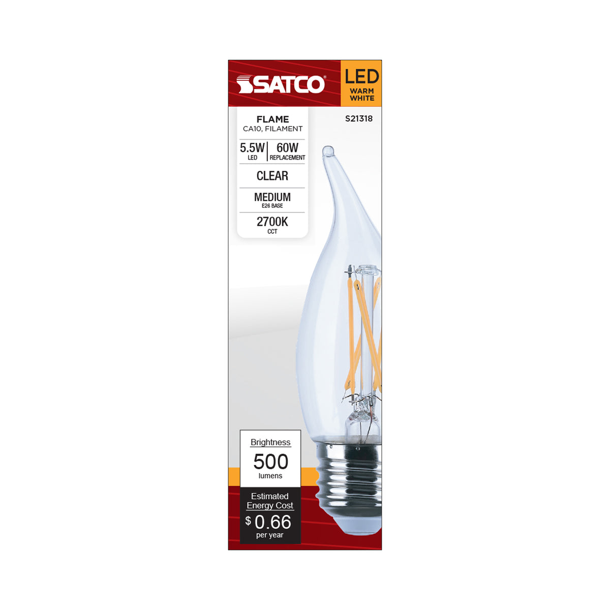 5.5 Watt CA10 LED Filament - Clear - Medium base - 90 CRI - 2700K - 120 Volt
