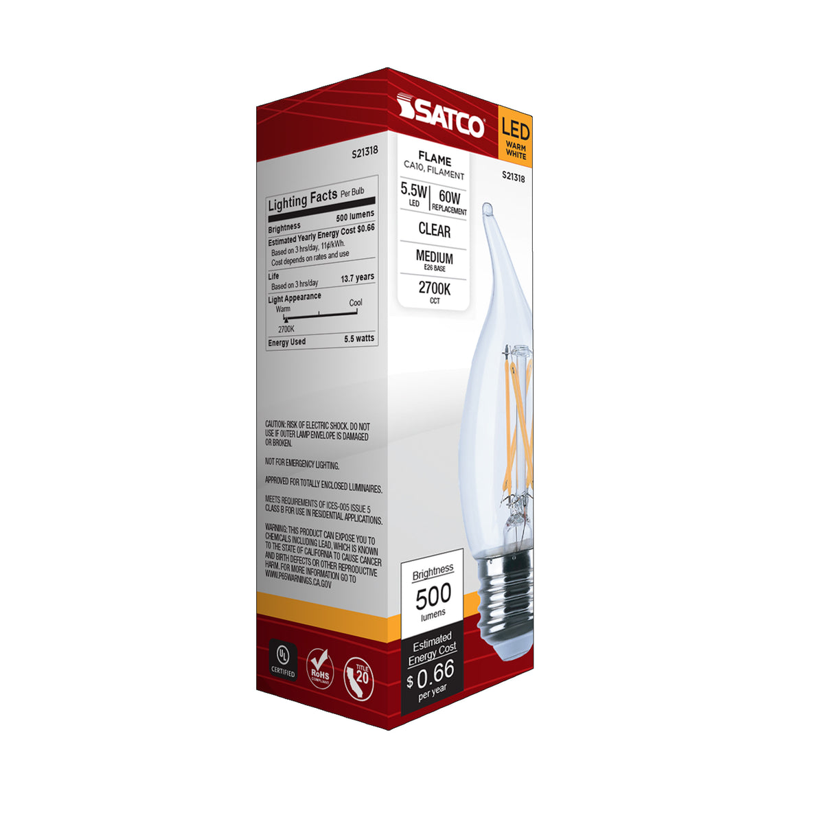 5.5 Watt CA10 LED Filament - Clear - Medium base - 90 CRI - 2700K - 120 Volt