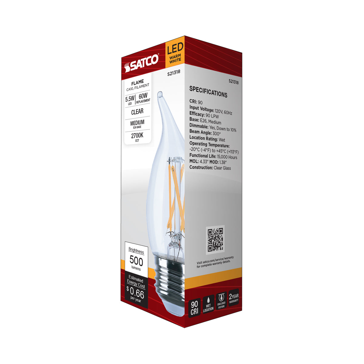 5.5 Watt CA10 LED Filament - Clear - Medium base - 90 CRI - 2700K - 120 Volt
