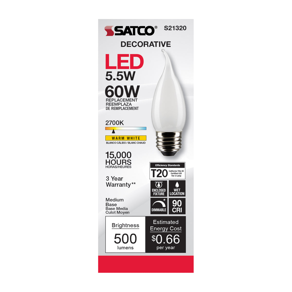 5.5 Watt CA10 LED Filament - Frost - Medium base - 90 CRI - 2700K - 120 Volt