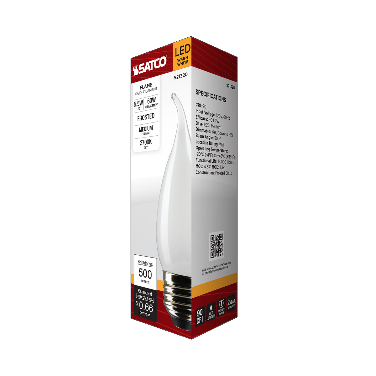 5.5 Watt CA10 LED Filament - Frost - Medium base - 90 CRI - 2700K - 120 Volt