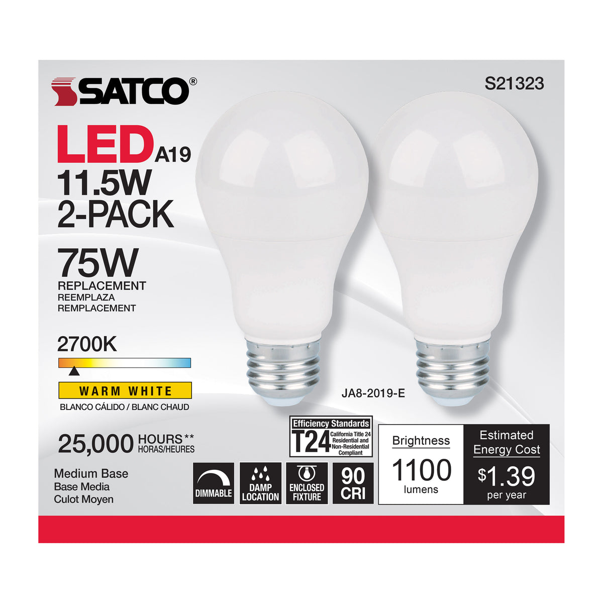11.5 Watt - A19 LED - 90CRI - 2700K - Medium base - 220 deg. Beam Angle - 120 Volt - 1100 Lumens - CEC - 2-pack