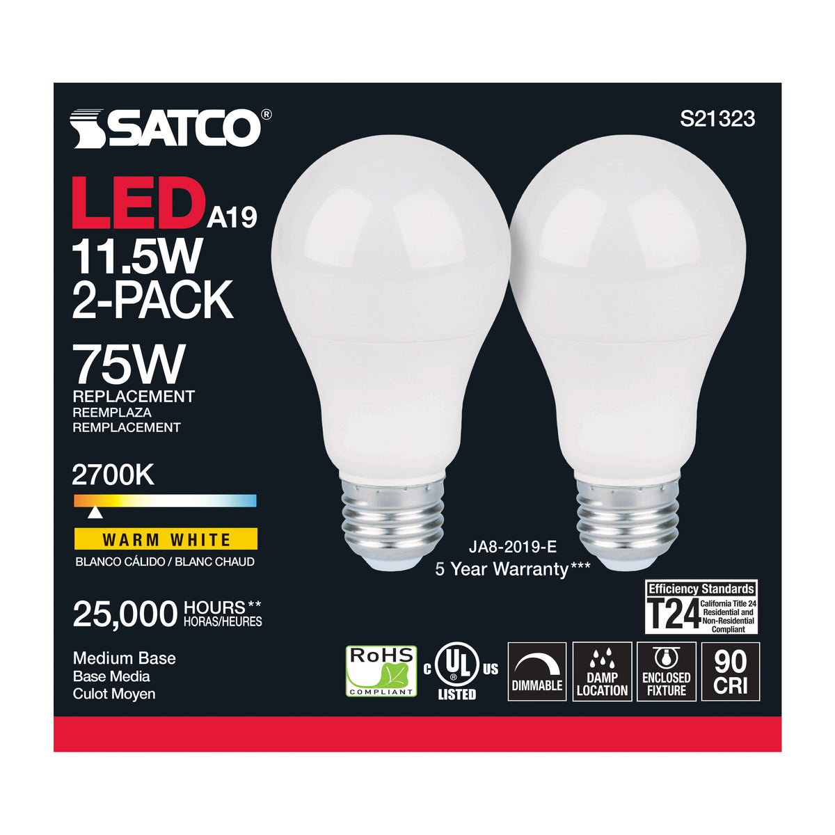 11.5 Watt - A19 LED - 90CRI - 2700K - Medium base - 220 deg. Beam Angle - 120 Volt - 1100 Lumens - CEC - 2-pack