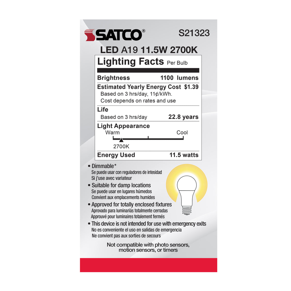 11.5 Watt - A19 LED - 90CRI - 2700K - Medium base - 220 deg. Beam Angle - 120 Volt - 1100 Lumens - CEC - 2-pack