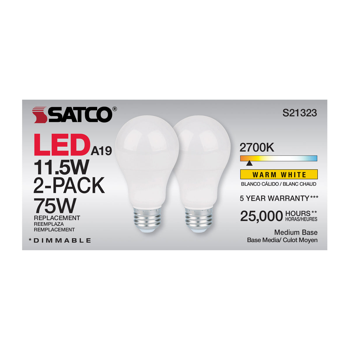 11.5 Watt - A19 LED - 90CRI - 2700K - Medium base - 220 deg. Beam Angle - 120 Volt - 1100 Lumens - CEC - 2-pack
