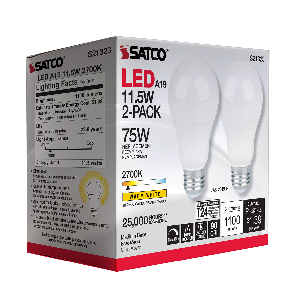 11.5 Watt - A19 LED - 90CRI - 2700K - Medium base - 220 deg. Beam Angle - 120 Volt - 1100 Lumens - CEC - 2-pack