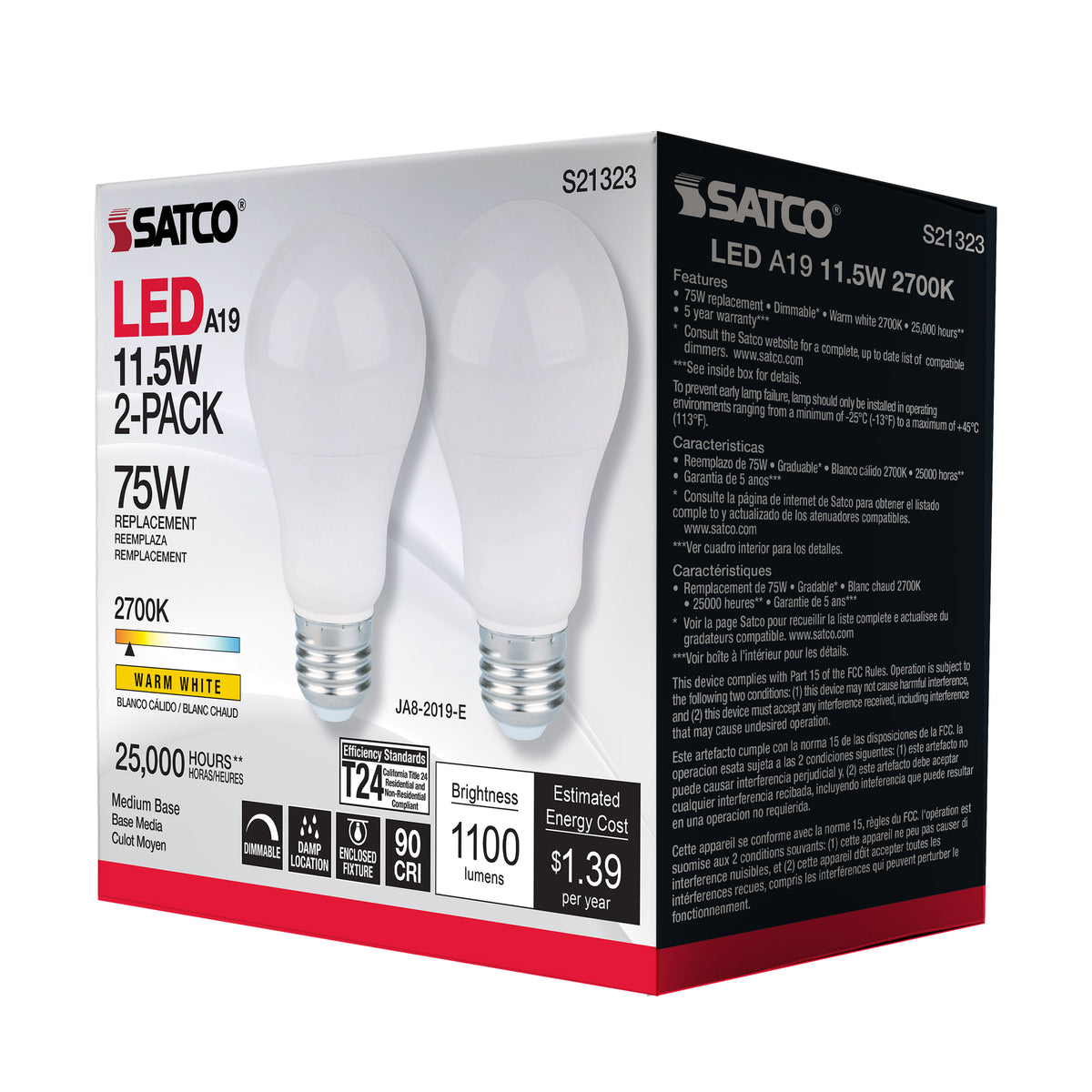 11.5 Watt - A19 LED - 90CRI - 2700K - Medium base - 220 deg. Beam Angle - 120 Volt - 1100 Lumens - CEC - 2-pack