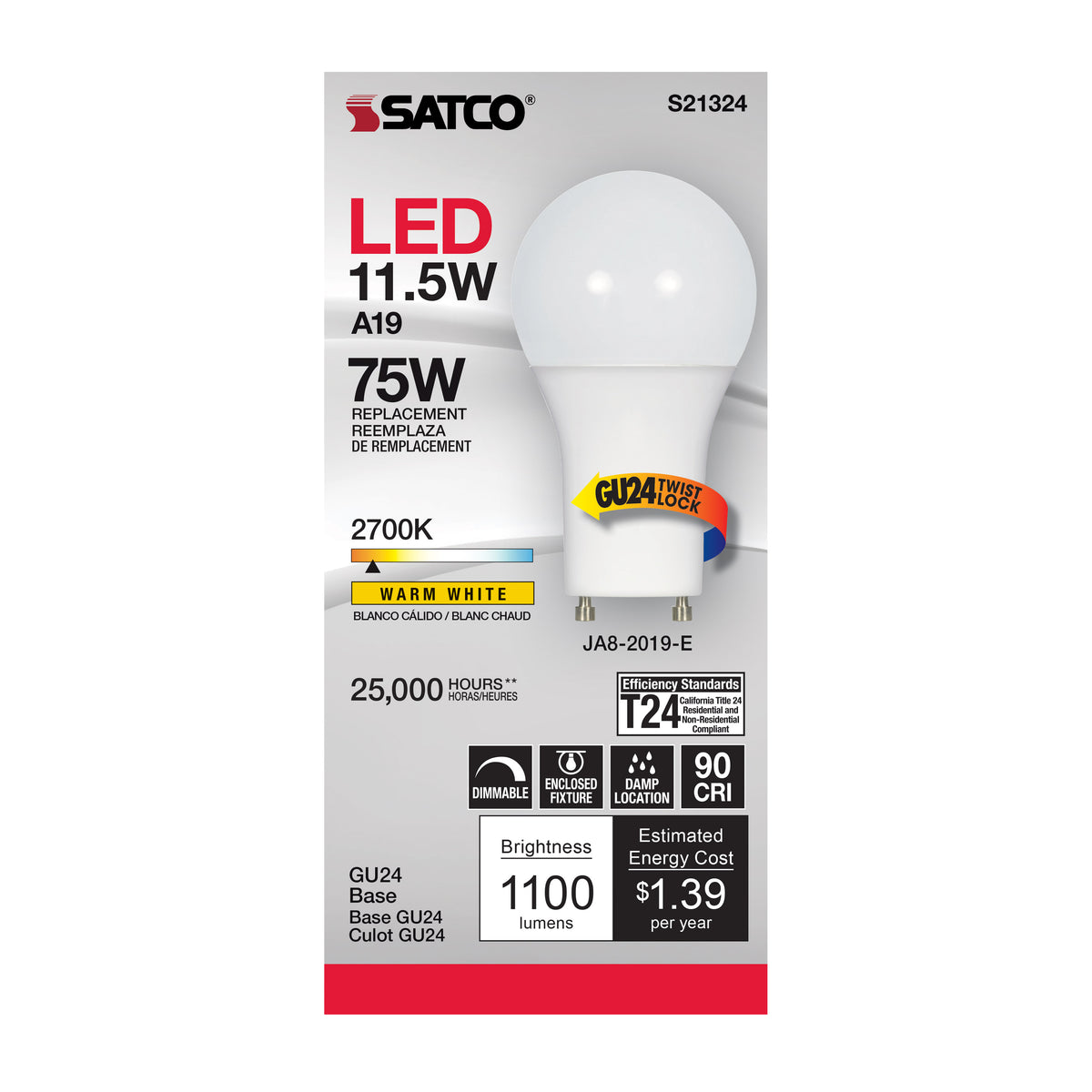 11.5 Watt - A19 LED - 90CRI - 2700K - GU24 base - 220 deg. Beam Angle - 120 Volt - 1100 Lumens - CEC