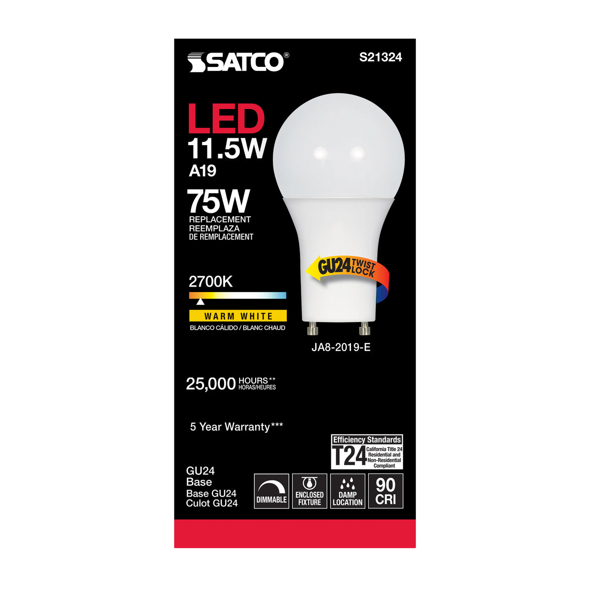 11.5 Watt - A19 LED - 90CRI - 2700K - GU24 base - 220 deg. Beam Angle - 120 Volt - 1100 Lumens - CEC