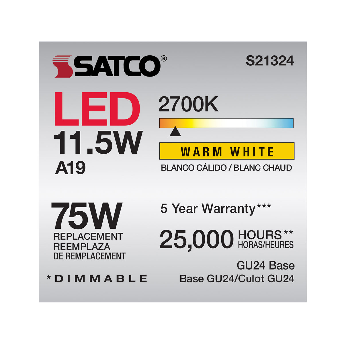 11.5 Watt - A19 LED - 90CRI - 2700K - GU24 base - 220 deg. Beam Angle - 120 Volt - 1100 Lumens - CEC