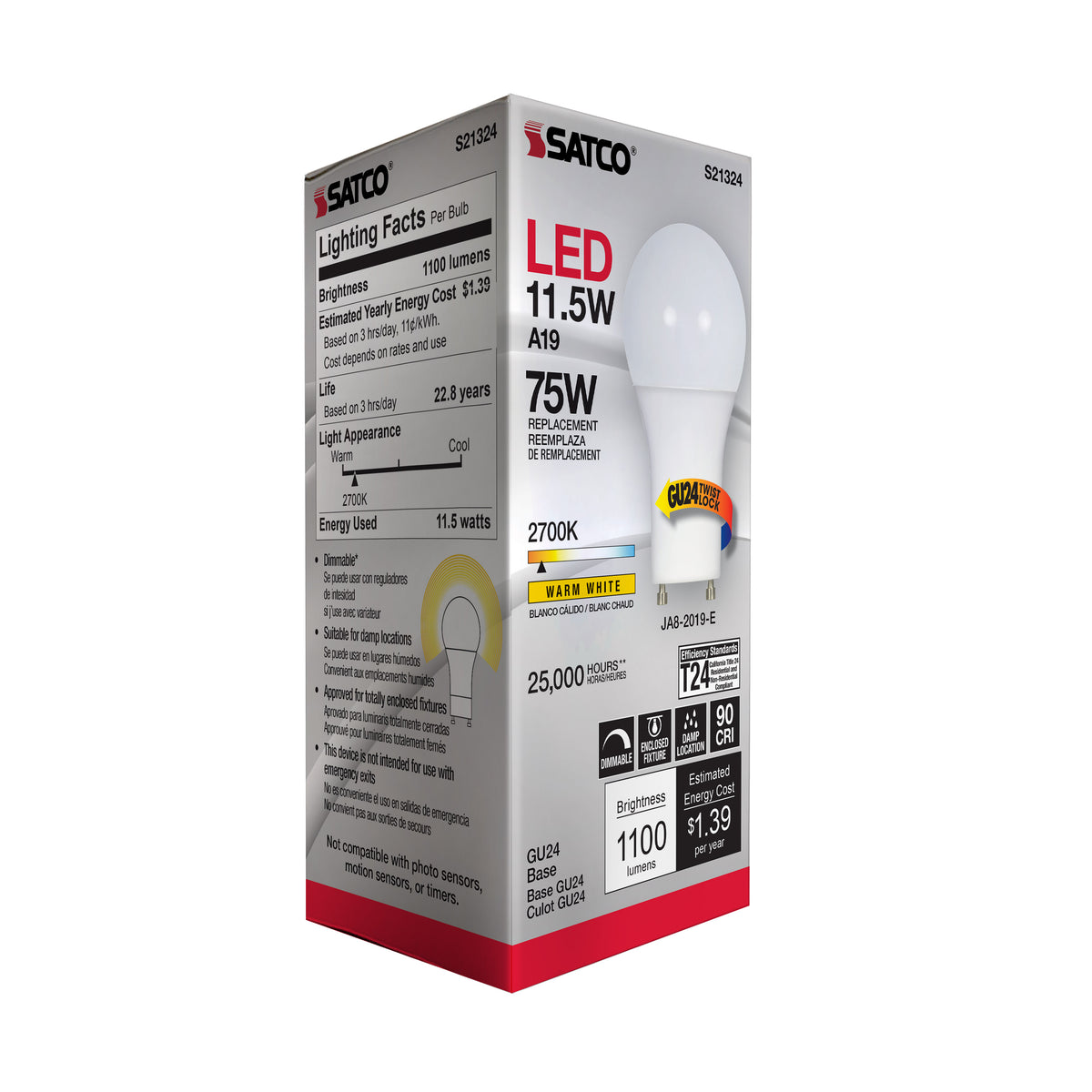 11.5 Watt - A19 LED - 90CRI - 2700K - GU24 base - 220 deg. Beam Angle - 120 Volt - 1100 Lumens - CEC