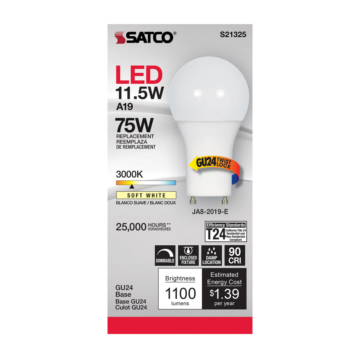 11.5 Watt - A19 LED - 90CRI - 3000K - GU24 base - 220 deg. Beam Angle - 120 Volt - 1100 Lumens - CEC