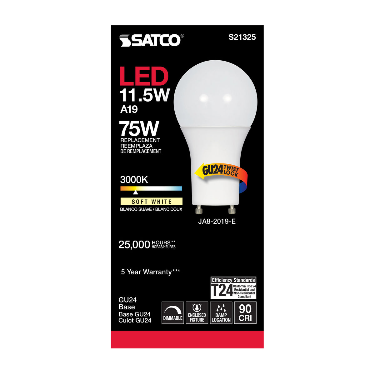 11.5 Watt - A19 LED - 90CRI - 3000K - GU24 base - 220 deg. Beam Angle - 120 Volt - 1100 Lumens - CEC