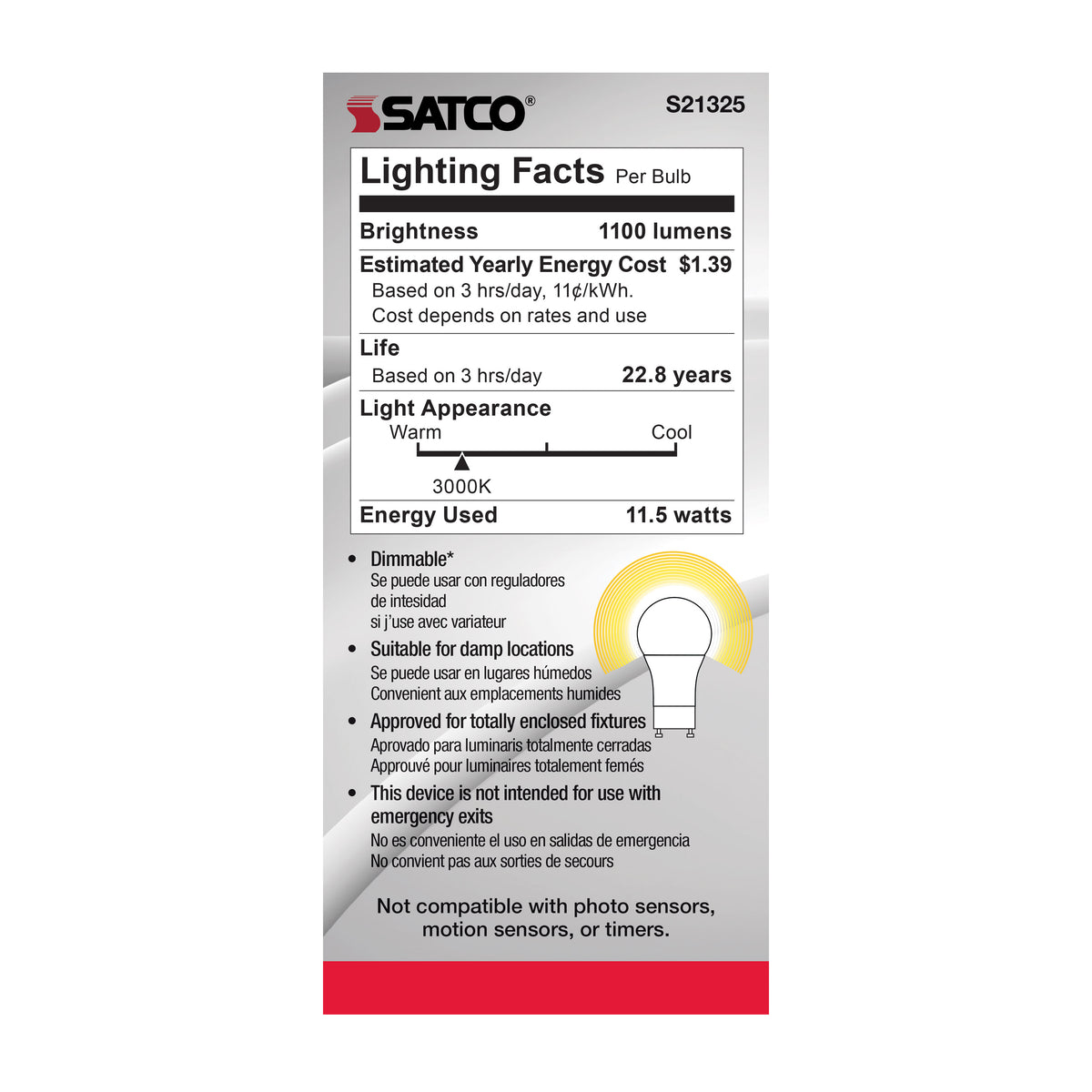 11.5 Watt - A19 LED - 90CRI - 3000K - GU24 base - 220 deg. Beam Angle - 120 Volt - 1100 Lumens - CEC