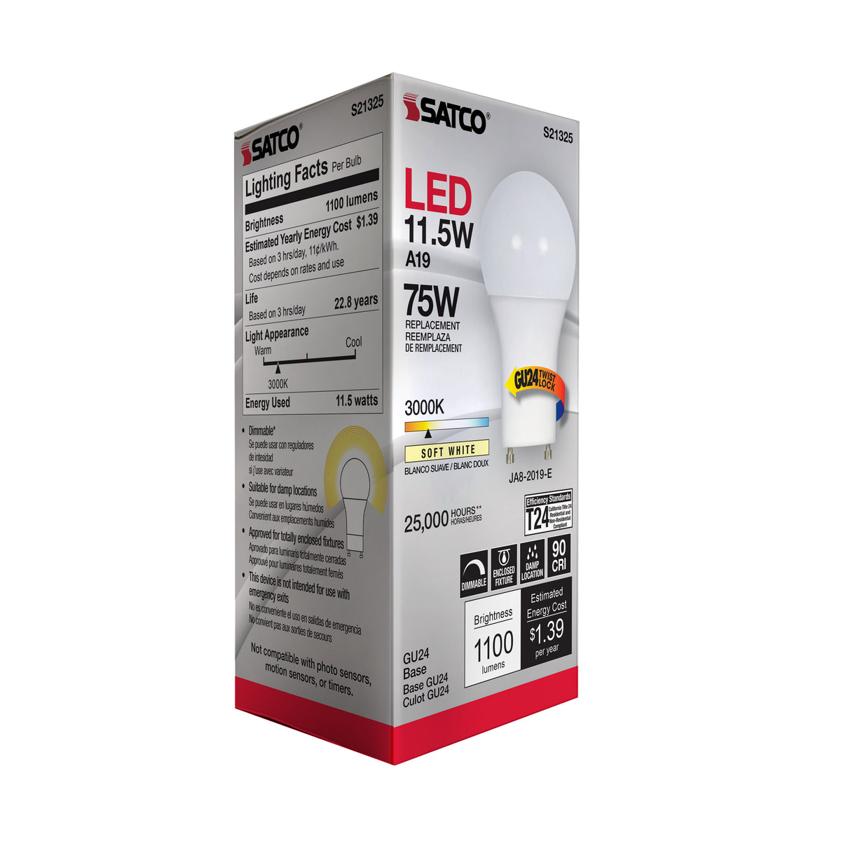 11.5 Watt - A19 LED - 90CRI - 3000K - GU24 base - 220 deg. Beam Angle - 120 Volt - 1100 Lumens - CEC