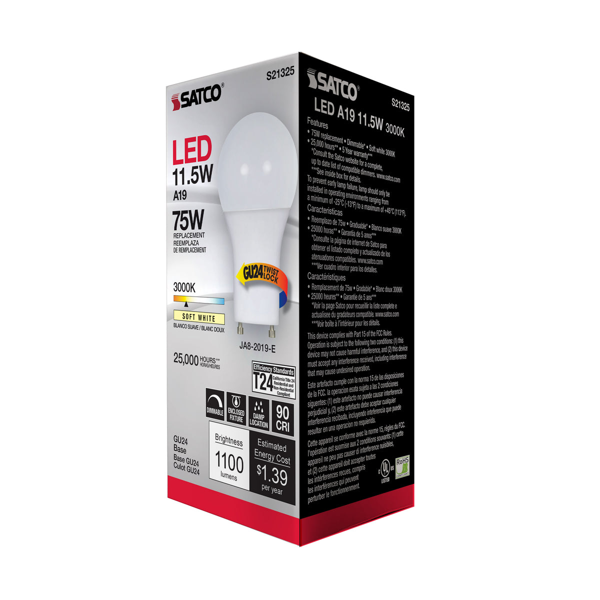 11.5 Watt - A19 LED - 90CRI - 3000K - GU24 base - 220 deg. Beam Angle - 120 Volt - 1100 Lumens - CEC