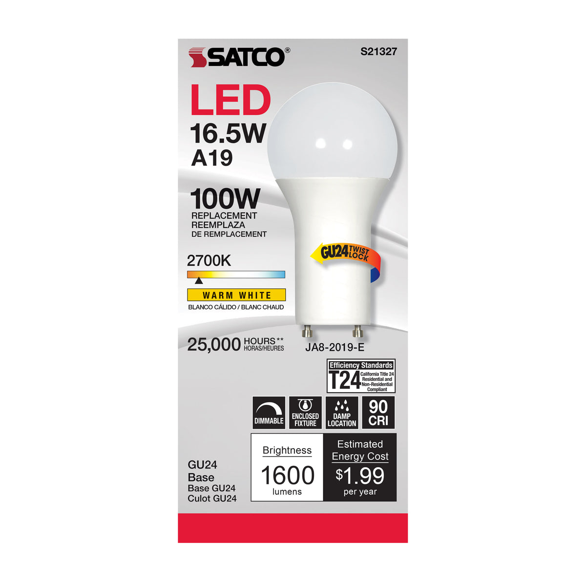 16.5 Watt - A19 LED - 90CRI - 2700K - GU24 base - 220 deg. Beam Angle - 120 Volt - 1600 Lumens - CEC