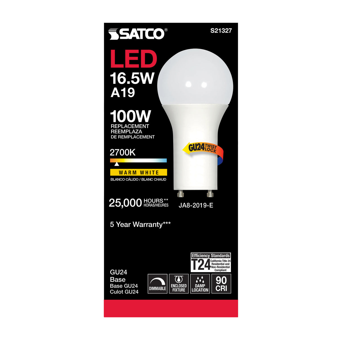 16.5 Watt - A19 LED - 90CRI - 2700K - GU24 base - 220 deg. Beam Angle - 120 Volt - 1600 Lumens - CEC
