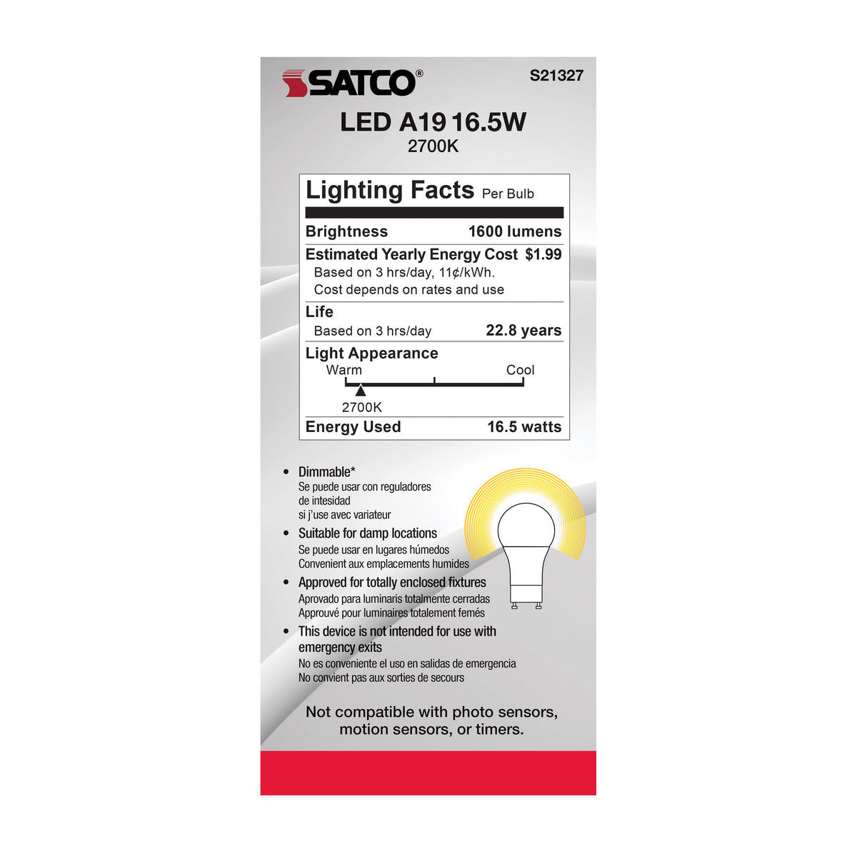 16.5 Watt - A19 LED - 90CRI - 2700K - GU24 base - 220 deg. Beam Angle - 120 Volt - 1600 Lumens - CEC
