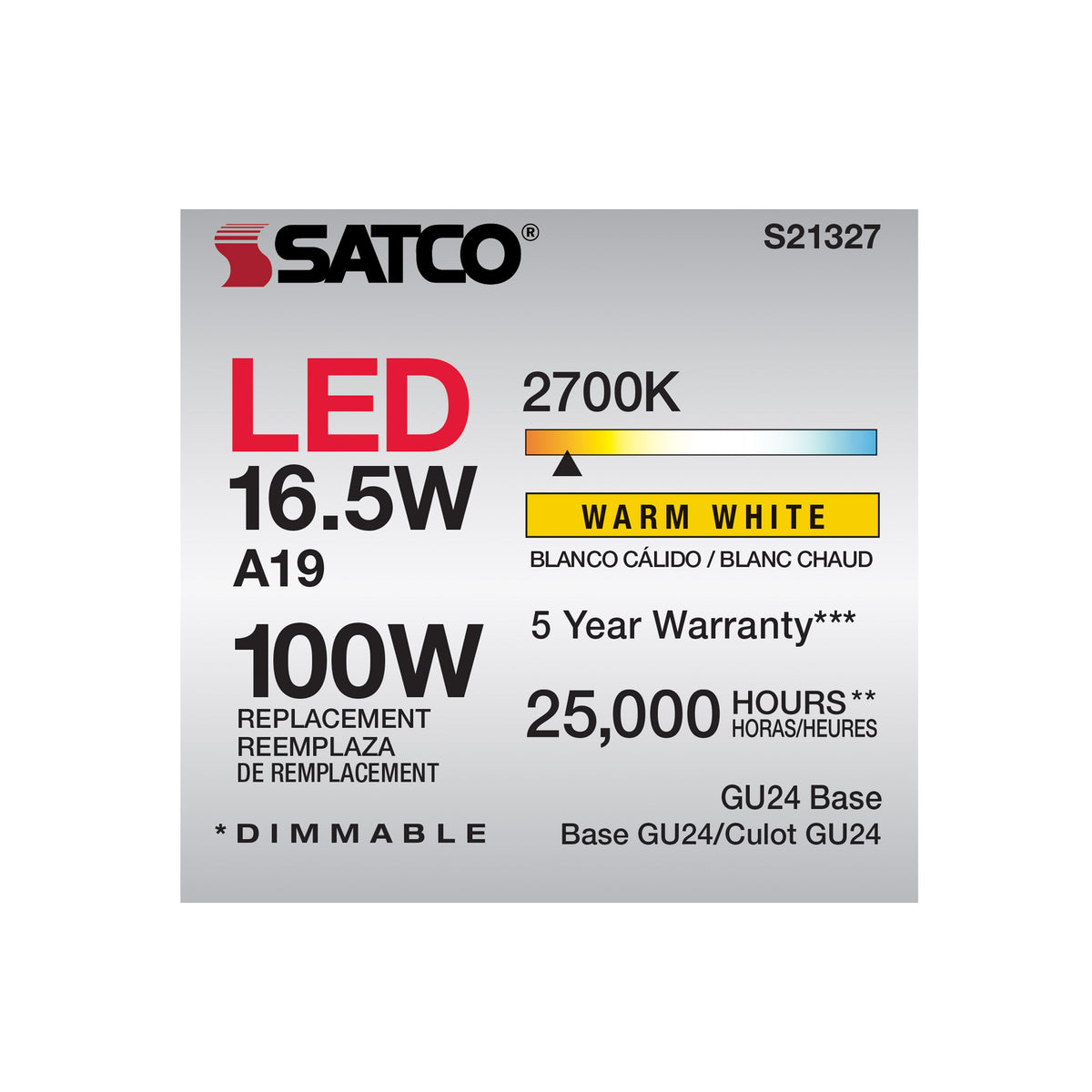 16.5 Watt - A19 LED - 90CRI - 2700K - GU24 base - 220 deg. Beam Angle - 120 Volt - 1600 Lumens - CEC