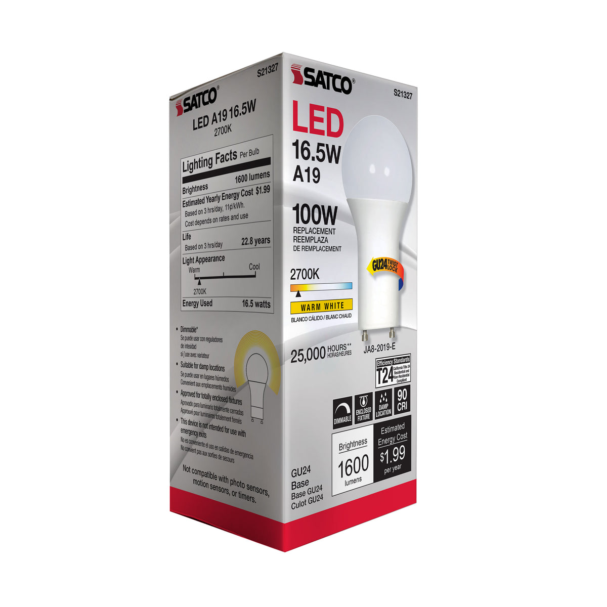 16.5 Watt - A19 LED - 90CRI - 2700K - GU24 base - 220 deg. Beam Angle - 120 Volt - 1600 Lumens - CEC