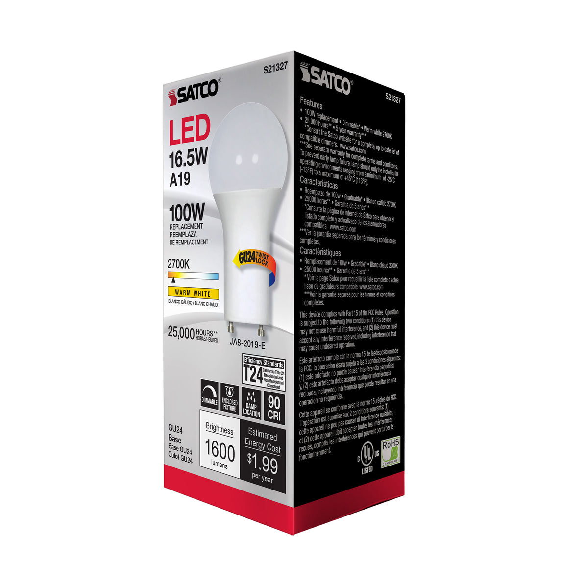 16.5 Watt - A19 LED - 90CRI - 2700K - GU24 base - 220 deg. Beam Angle - 120 Volt - 1600 Lumens - CEC
