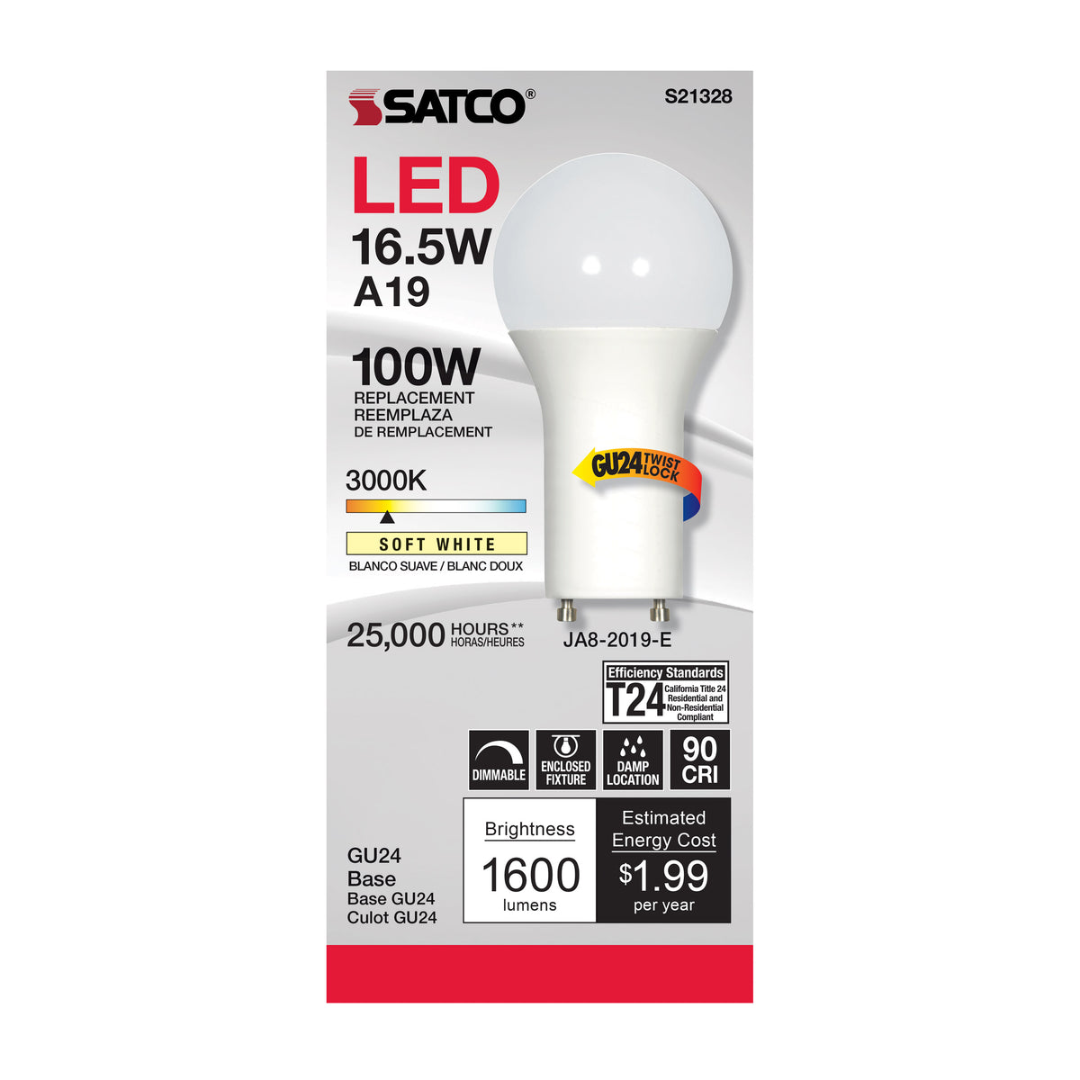 16.5 Watt - A19 LED - 90CRI - 3000K - GU24 base - 220 deg. Beam Angle - 120 Volt - 1600 Lumens - CEC