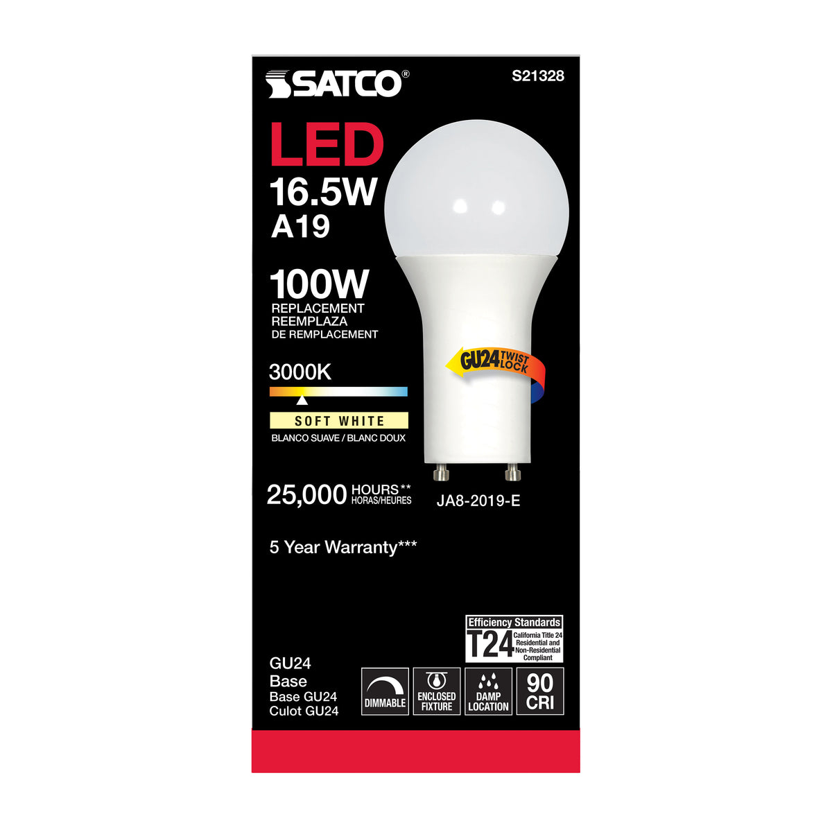 16.5 Watt - A19 LED - 90CRI - 3000K - GU24 base - 220 deg. Beam Angle - 120 Volt - 1600 Lumens - CEC