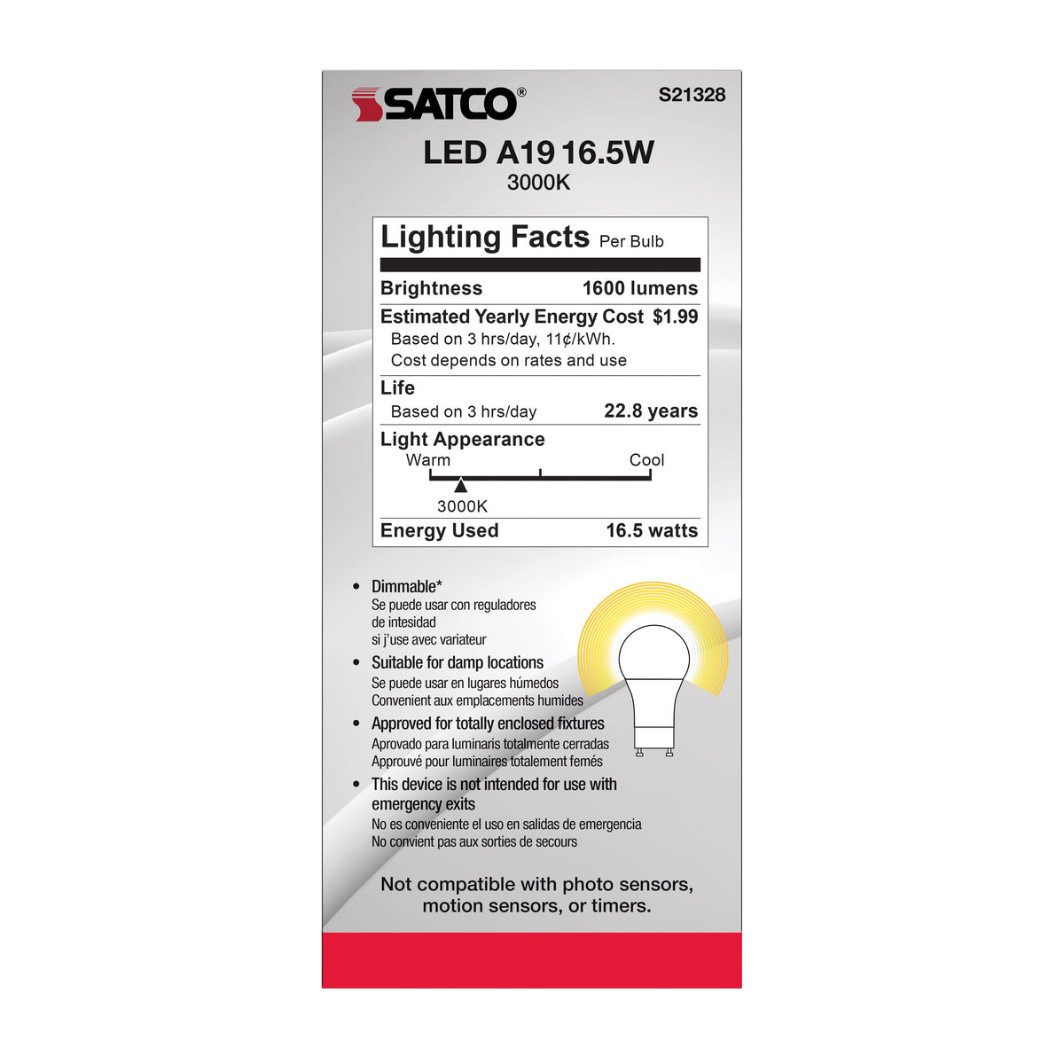 16.5 Watt - A19 LED - 90CRI - 3000K - GU24 base - 220 deg. Beam Angle - 120 Volt - 1600 Lumens - CEC