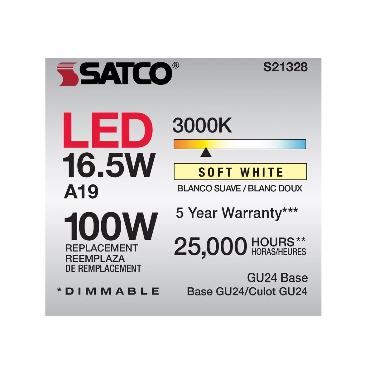 16.5 Watt - A19 LED - 90CRI - 3000K - GU24 base - 220 deg. Beam Angle - 120 Volt - 1600 Lumens - CEC