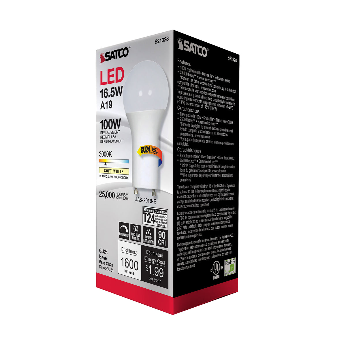 16.5 Watt - A19 LED - 90CRI - 3000K - GU24 base - 220 deg. Beam Angle - 120 Volt - 1600 Lumens - CEC