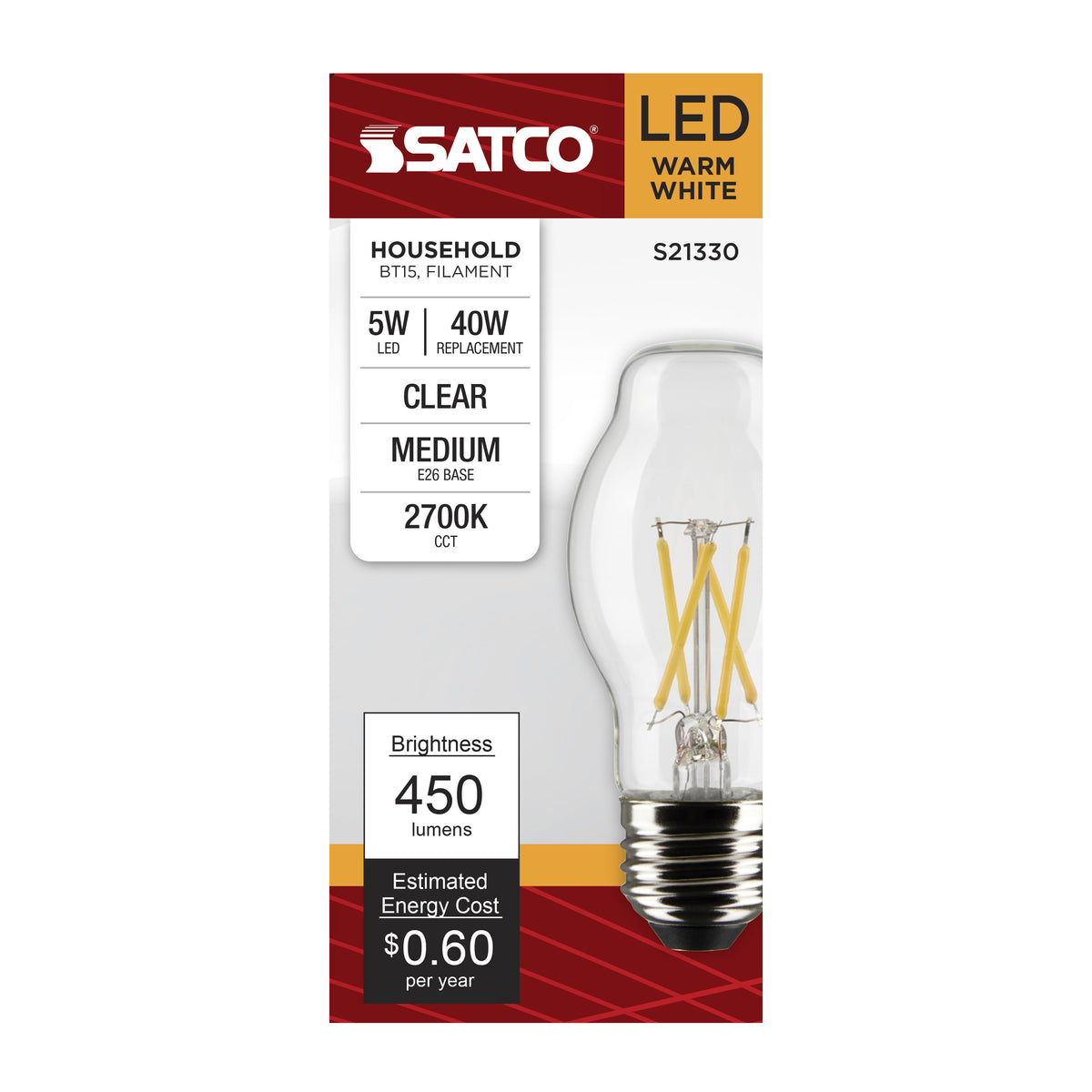 5 Watt BT15 LED Filament - Clear - Medium base - 90 CRI - 2700K - 120 Volt