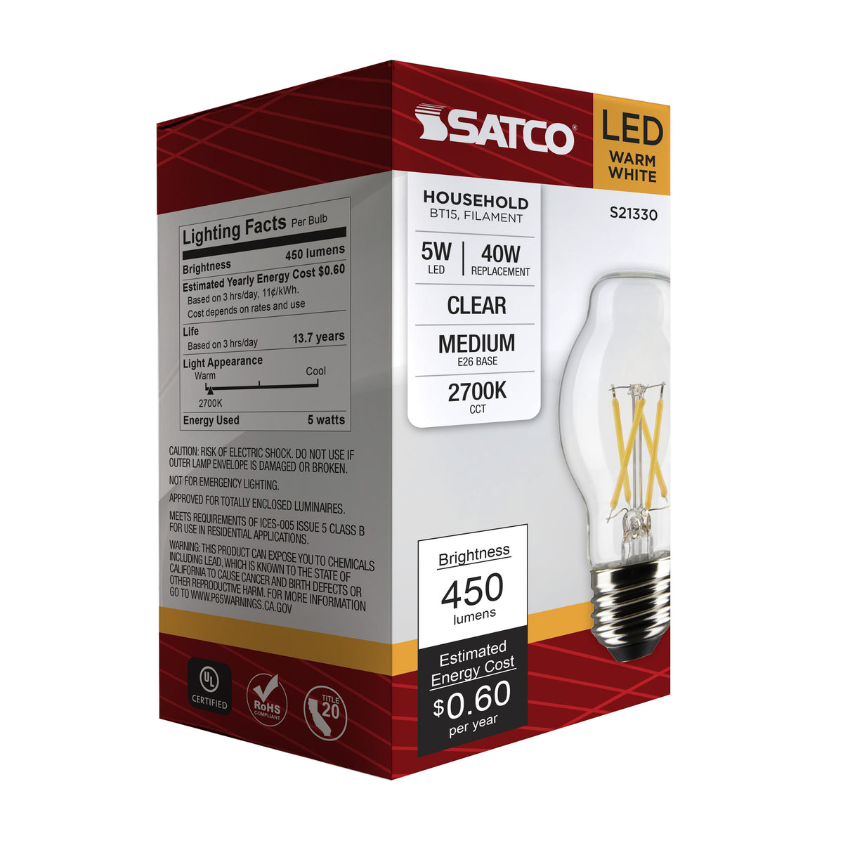 5 Watt BT15 LED Filament - Clear - Medium base - 90 CRI - 2700K - 120 Volt