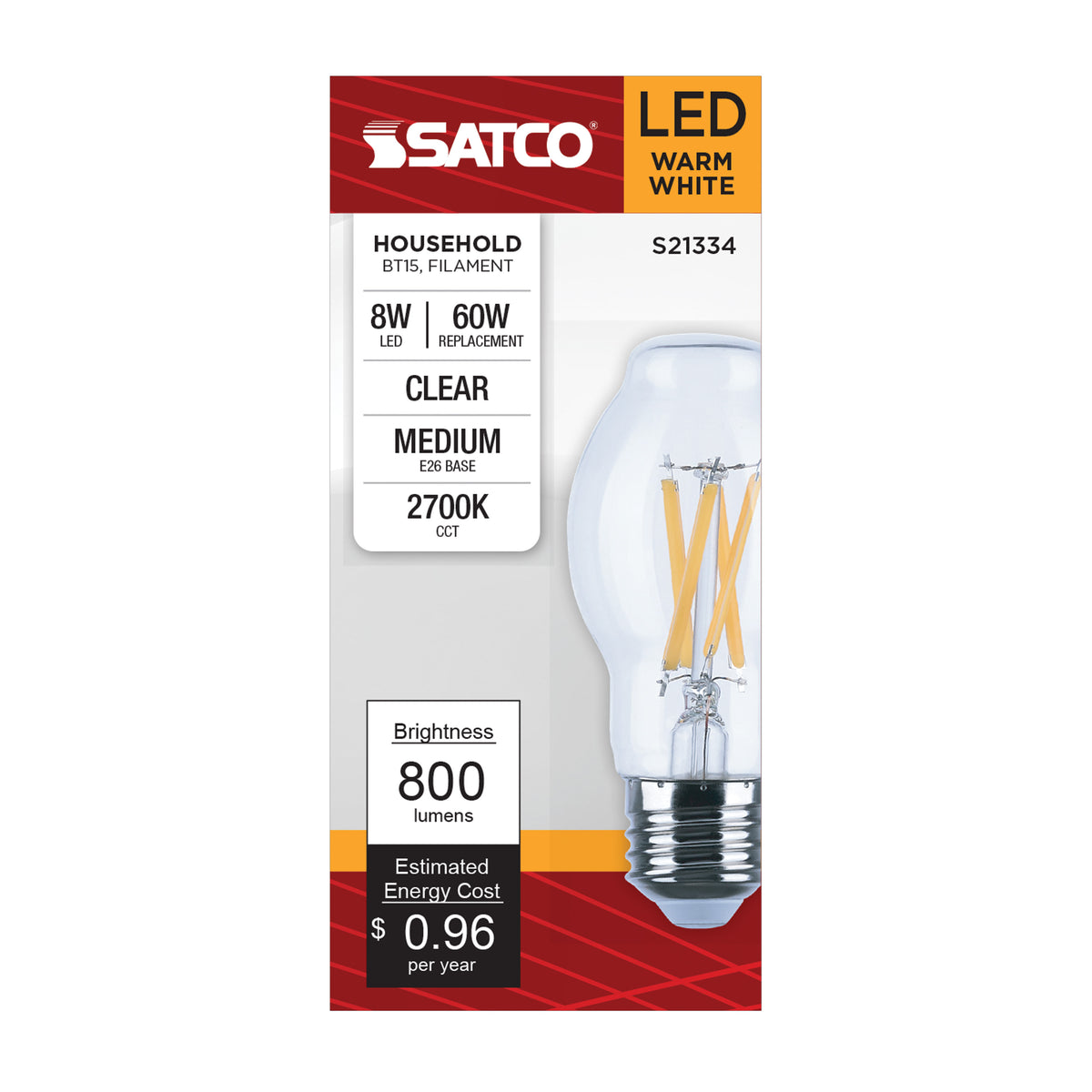 8 Watt BT15 LED Filament - Clear - Medium base - 90 CRI - 2700K - 120 Volt